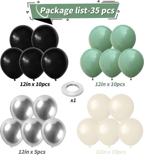 Vista 2 de Globos verdes y negros, globos metálicos de 12 pulgadas, color plateado, verde, arena, blanco y negro, globos de fiesta de fútbol, helio, globos