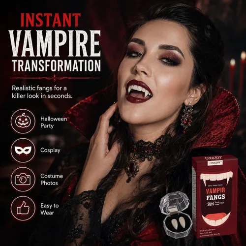 Vista 4 de COOLJOY 3 tamaños de dientes de vampiro con colmillos adhesivos para cosplay de Halloween, dientes falsos blancos de terror, accesorios