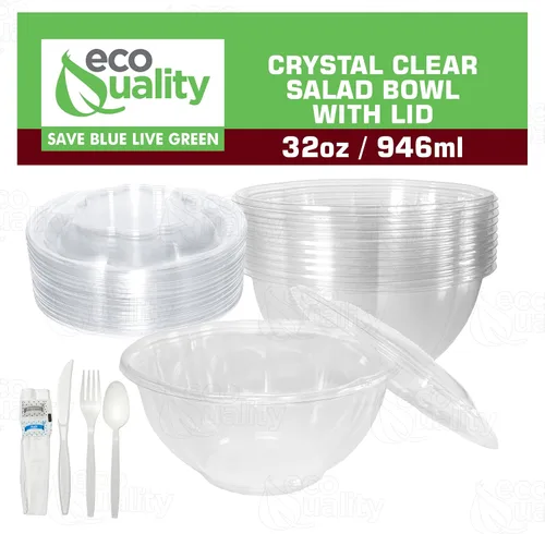 Vista 5 de Cuencos para ensalada de 32 onzas con tapas y cubiertos (300 unidades) – Recipientes de ensalada desechables de plástico transparente Para