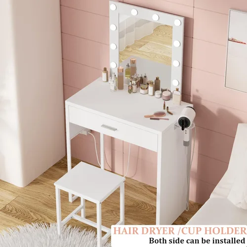 Vista 10 de Titoni Pequeño tocador de maquillaje con espejo y luces, escritorio blanco con silla, brillo ajustable, juego de mesa de maquillaje para dormitorio