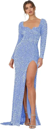 Vista 3 de Vestidos de fiesta de manga larga con lentejuelas para mujer, vestido de fiesta formal brillante con abertura de sirena, vestido largo