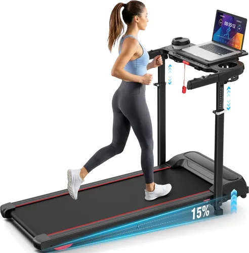 Vista 13 de Treadmill with Desk Workstation & Adjustable Height, 450 lbs Weight Capacity, Folding Incline Treadmill with Handle Bar, Portable Ultra-Quiet 3.5HP
