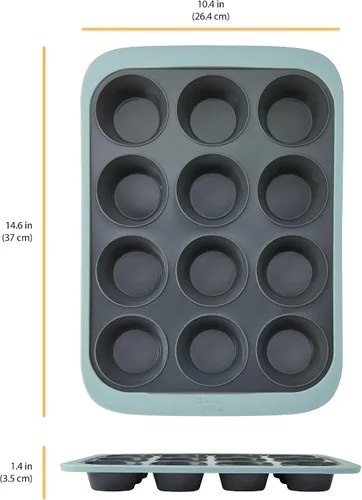 Vista 2 de Chicago Metallic Molde de silicona para magdalenas de 12 tazas, color azul, antiadherente con borde reforzado con alambre, apto para horno hasta 428