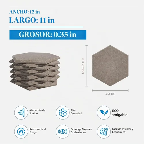 Vista 2 de Paquete de 15 paneles hexagonales de espuma a prueba de sonido para paredes, paneles acústicos de 12" x 11" x 0.35" de alta densidad que absorben