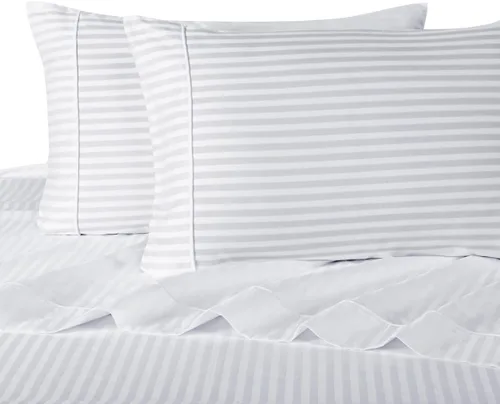 Vista 2 de Juego de ropa de cama Sheetsnthings de 4 piezas, 100% algodón de 300 hilos, diseño de rayas