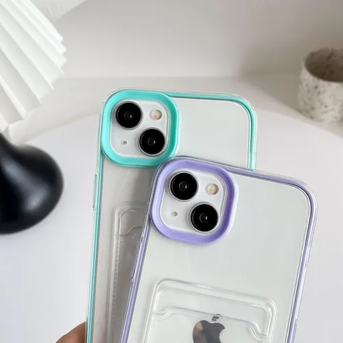 Vista 4 de Caseative Funda para iPhone 14 Plus, tarjetero de color caramelo, transparente, a prueba de golpes, compatible con carga inalámbrica Claro
