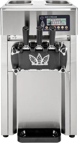 Vista 2 de Máquina comercial de helados, 18L/H de rendimiento suave Serve Ice Makers con salida de 3 sabores, panel LCD, tolva refrigerada 3Lx2 para bares