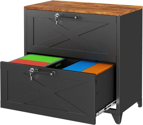 Vista 31 de Archivador de metal con 2 cajones con cerradura, gabinete archivador con soporte para impresora móvil y estantes para archivos de tamaño Negro