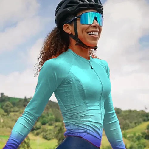 Vista 7 de Wulibike Maillot de ciclismo para mujer, manga larga, con bolsillos