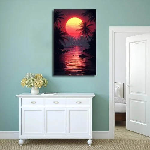 Vista 4 de ZMLIS Futuristic Vaporwave Retro Wall Art – Neon Grid Palm Trees City – Synthwave Style 80s Digital Print Canvas Wall Art Print Poster For Home