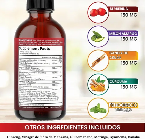 Vista 3 de NEW AGE Berberina con suplemento de canela de Ceilán gotas líquidas + extracto de melón amargo, glucomanano, gimnasia, cromo, cúrcuma, panax