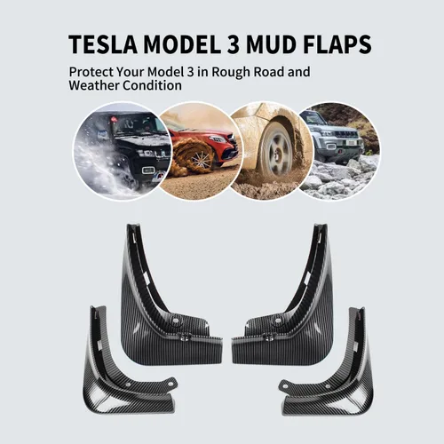 Vista 9 de Tesla Model 3 - Juego de 4 guardabarros sin perforación, protectores contra salpicaduras color negro, para Tesla Model 3 2017-2023 (fibra de carbono)