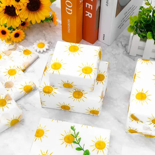 Vista 5 de Whaline 100 hojas de papel de seda bohemio con sol amarillo, papel de regalo para el primer viaje alrededor del sol, papel de arte para manualidades