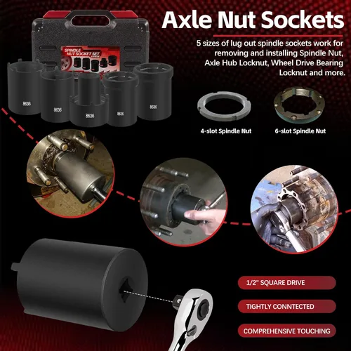 Vista 3 de Kit de Herramientas de Llaves de Tuerca de Husillo 5 Piezas Juego de Llaves de Tuerca de Bloqueo de Cubo de Eje 1/2" Drive Extractor Instalador