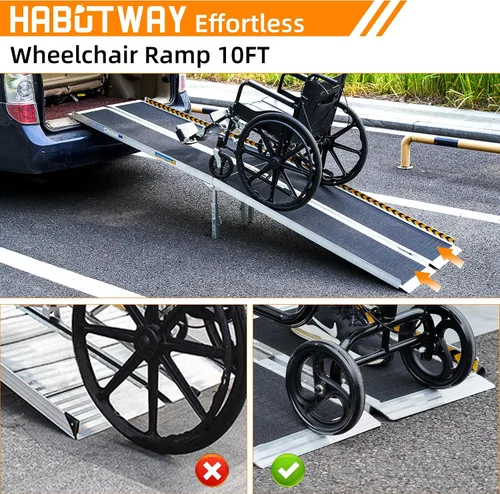 Vista 7 de HABUTWAY Rampa para silla de ruedas de 10 pies, rampa portátil para silla de ruedas con patas de apoyo, rampas dobles antideslizantes con capacidad