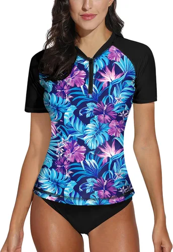 Vista 22 de BesserBay Camiseta de natación de manga corta con cremallera UPF 50+ para mujer, de secado rápido