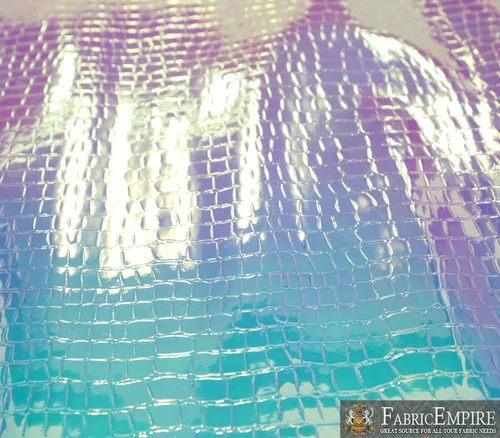 Vista 4 de Fabric Empire Tapicería de vinilo en relieve cocodrilo holográfico brillante tela azul claro 54 pulgadas de ancho vendido por The Yard