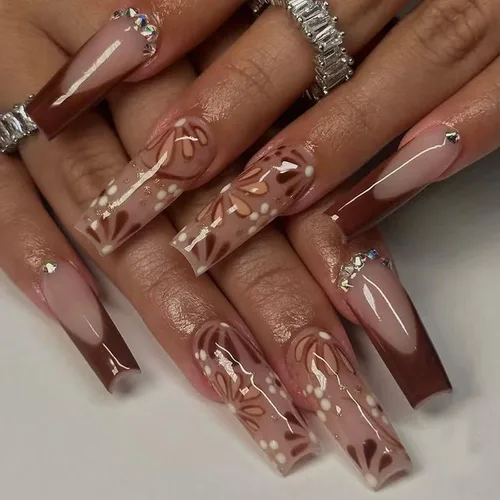 Vista 11 de IMSOHOT Uñas postizas, acrílicas de color naranja mate, puntas francesas cuadradas, 24 unidades, uñas extra largas con pegamento con bonitos diseños