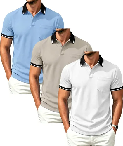 Vista 28 de GEEK LIGHTING Paquete de 3 camisas polo de manga corta con bolsillo para Negro Gris Armygreen