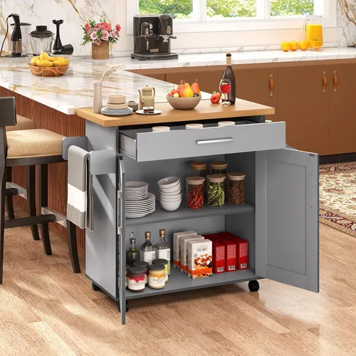 Vista 9 de Isla de cocina, carrito de almacenamiento rodante con cajones, armario grande, estante de especias y asa de toalla, carritos de cocina con ruedas