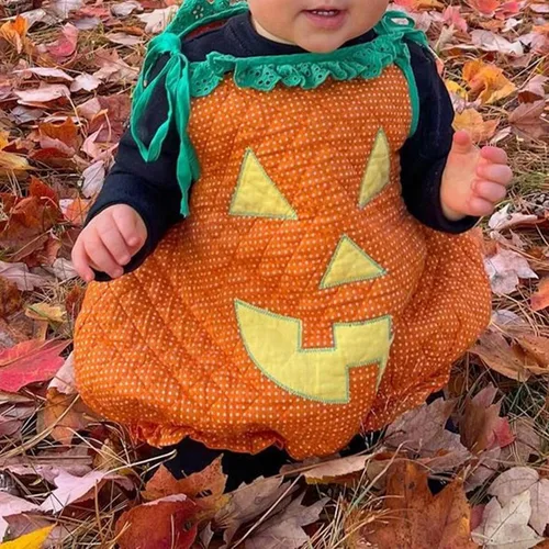 Vista 4 de Disfraz de Halloween para bebé, niña, niño, con estampado de cara de calabaza, sin mangas, para cosplay