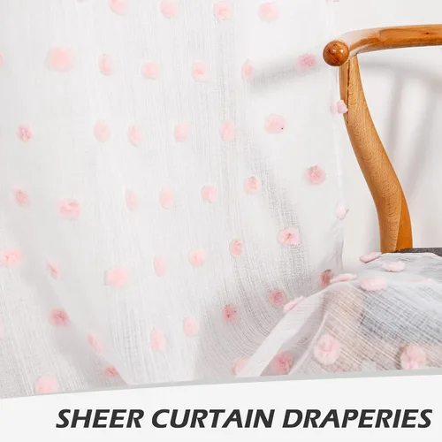 Vista 4 de MYSKY HOME Cortinas rosas para dormitorio de niñas, habitación de guardería, pompones para habitación de niñas y niños, cortinas traslúcidas blancas