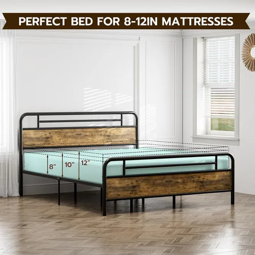 Vista 7 de IKIFLY Base de cama California King con cabecero de madera, cama de plataforma de metal California King, listones de acero resistente