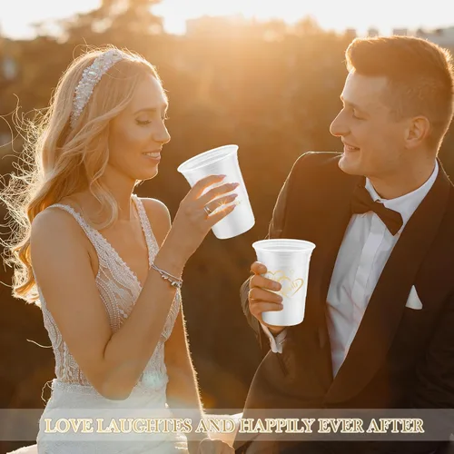Vista 6 de Layhit - 100 vasos desechables de plástico grueso para boda, tazas blancas de 16 onzas con 2 elegantes diseños de amor, decoraciones para invitados