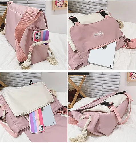 Vista 6 de Bonita bolsa de mensajero para adolescentes y mujeres, bolso cruzado Kawaii con alfileres y colgante de relleno de regalo