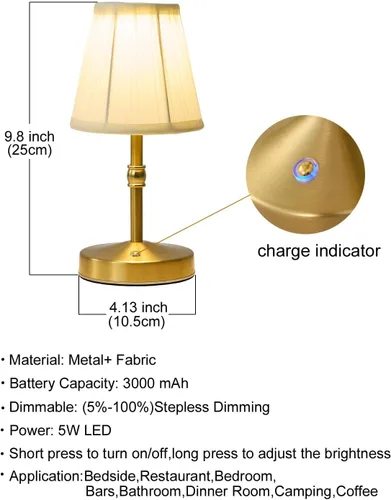 Vista 5 de Lámpara Mini Inalámbrica de 5W en Oro, Lámpara Pequeña Operada con Batería de 3000 mAh, Lámparas de Mesa Pequeñas Vintage, Lámparas Recargables