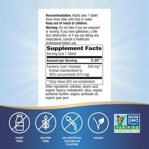 Vista 5 de Nature's Way Cúrcuma, extracto premium, apoya la salud de las articulaciones*, estandarizado al 95% de curcuminoides, 500 mg en porción, suplementos
