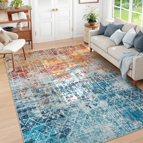Vista 11 de Zealude Alfombra abstracta lavable para sala de estar, de 5 x 7 pies, color verde azulado y naranja, alfombra bohemia antideslizante, moderna