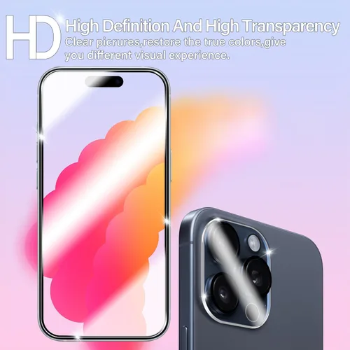 Vista 6 de BIGFACE Protector de pantalla compatible con iPhone 15 Pro + protectores de lente de cámara, [2 + 2 unidades] de vidrio templado transparente HD