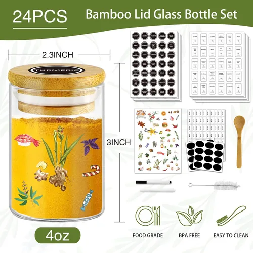 Vista 2 de SLifeJars - Frascos de especias con etiqueta, 4 oz 24 piezas Recipientes de especias Frascos de vidrio con tapas de bambú, Botellas de recipientes