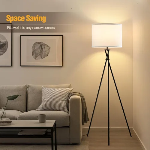 Vista 7 de Lámpara de pie para sala de estar, 61 pulgadas, moderna lámpara de pie trípode con pantalla blanca e interruptor giratorio, lámpara de pie negra