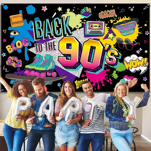 Vista 4 de Irenare Telón de fondo de los años 90 para decoraciones de fiesta, sesión de fotos, cartel colgante retro de regreso a los años 90 para fotografía