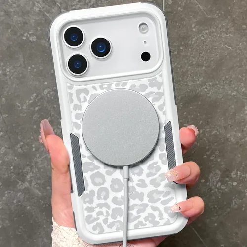 Vista 3 de Funda magnética para iPhone 17 Pro, compatible con Magsafe, lindo estampado de leopardo blanco guepardo, resistente, resistente, protección