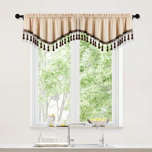 Vista 27 de ELKCA Cortinas de doble cara de felpilla para ventana de cocina, 52x18, bolsillo para barra, cenefa color beige para sala de estar, paquete de 1
