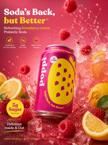 Vista 6 de POPPI - Soda prebiótica de limonada de fresa, lata de 12fl. oz