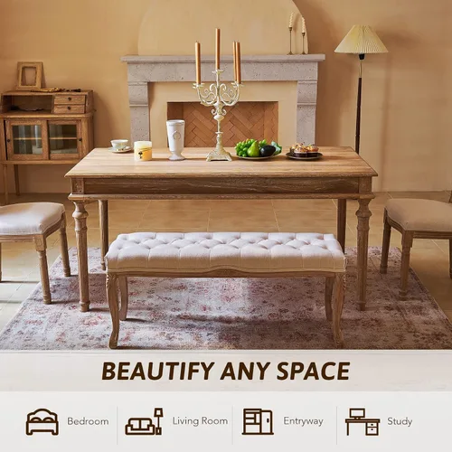 Vista 7 de VONLUCE Banco de comedor vintage con asiento acolchado y patas de madera de goma, banco tapizado de entrada de 44 pulgadas con espuma viscoelástica