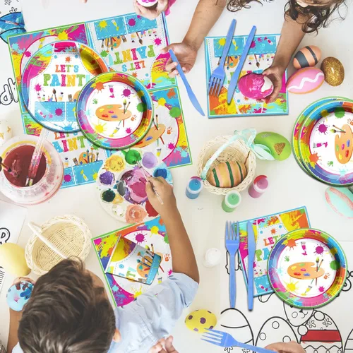 Vista 3 de Suministros para fiesta de pintura, juego de vajilla para fiesta de arte de 142 piezas incluye platos para fiesta de pintura y servilletas, manteles