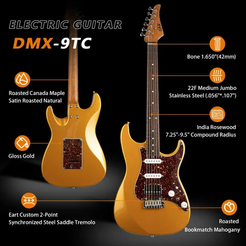 Vista 2 de EART Guitarras eléctricas de 6 cuerdas DMX-9TC Golpeador de tortuga roja Cuerpo sólido de caoba tostado y pastillas Alnico v Tonos versátiles
