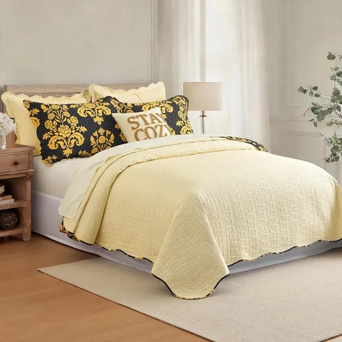 Vista 4 de Juego de edredón de 3 piezas, 100% algodón suave, diseño floral negro y amarillo, reversible, ligero, para todas las estaciones