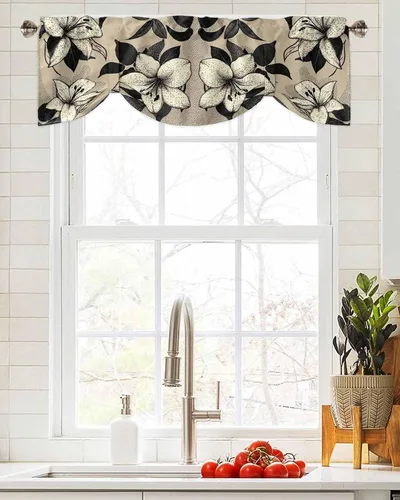 Vista 4 de Cortinas de cenefa de flores negras y beige para ventanas, cortinas de cocina, cortinas rústicas retro beige, cortinas botánicas cortas