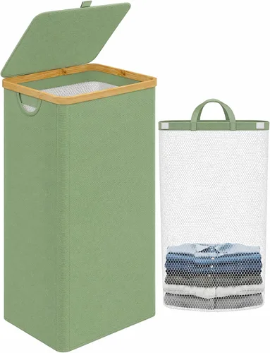 Vista 28 de iEGrow Cesta de lavandería con tapa, cesta grande de lavandería de 110 litros con asa y tapa, organizador de ropa plegable con bolsa interior Beige