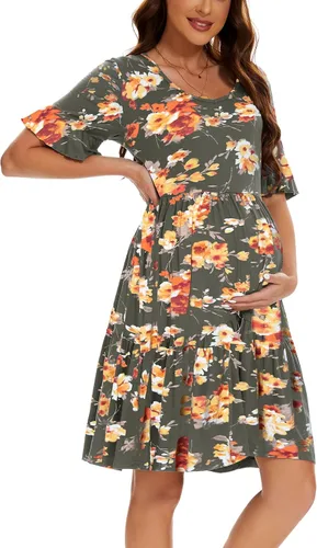 Vista 8 de Smallshow Vestido de maternidad para mujer, con volantes, manga corta, ropa de embarazo de verano Verde militar