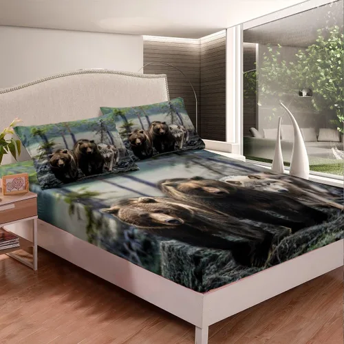 Vista 4 de Erosebridal Juego de sábanas tamaño individual de oso marrón para niños y niñas, juego de sábanas de lobo salvaje safari salvaje, juego de sábanas