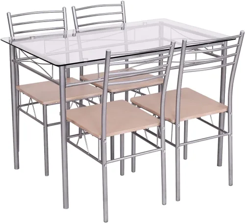 Vista 9 de Juego de mesa de comedor moderno para 4, juego de mesa de comedor con mesa de cristal, marco de metal y asiento de madera, mesa de cocina de 5