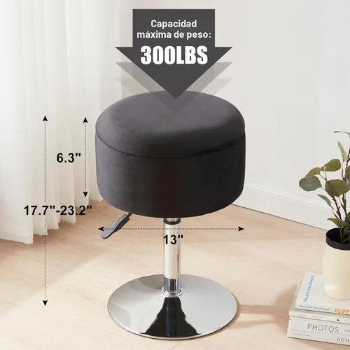 Vista 2 de Taburete otomano ajustable, taburete de tocador negro, silla de tocador para sala de maquillaje, taburete con almacenamiento, taburetes