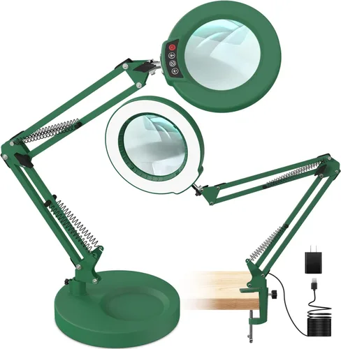 Vista 9 de Lámpara de lupa de 10 aumentos con luz y soporte, lámpara de escritorio y abrazadera 2 en 1, Seylae con 5 modos de color, lupa iluminada LED